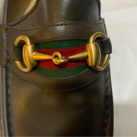 Authentic Gucci Web Gold Horsebit Brown Leather Mens Loafer size 7.5 D - Picture 12 of 16